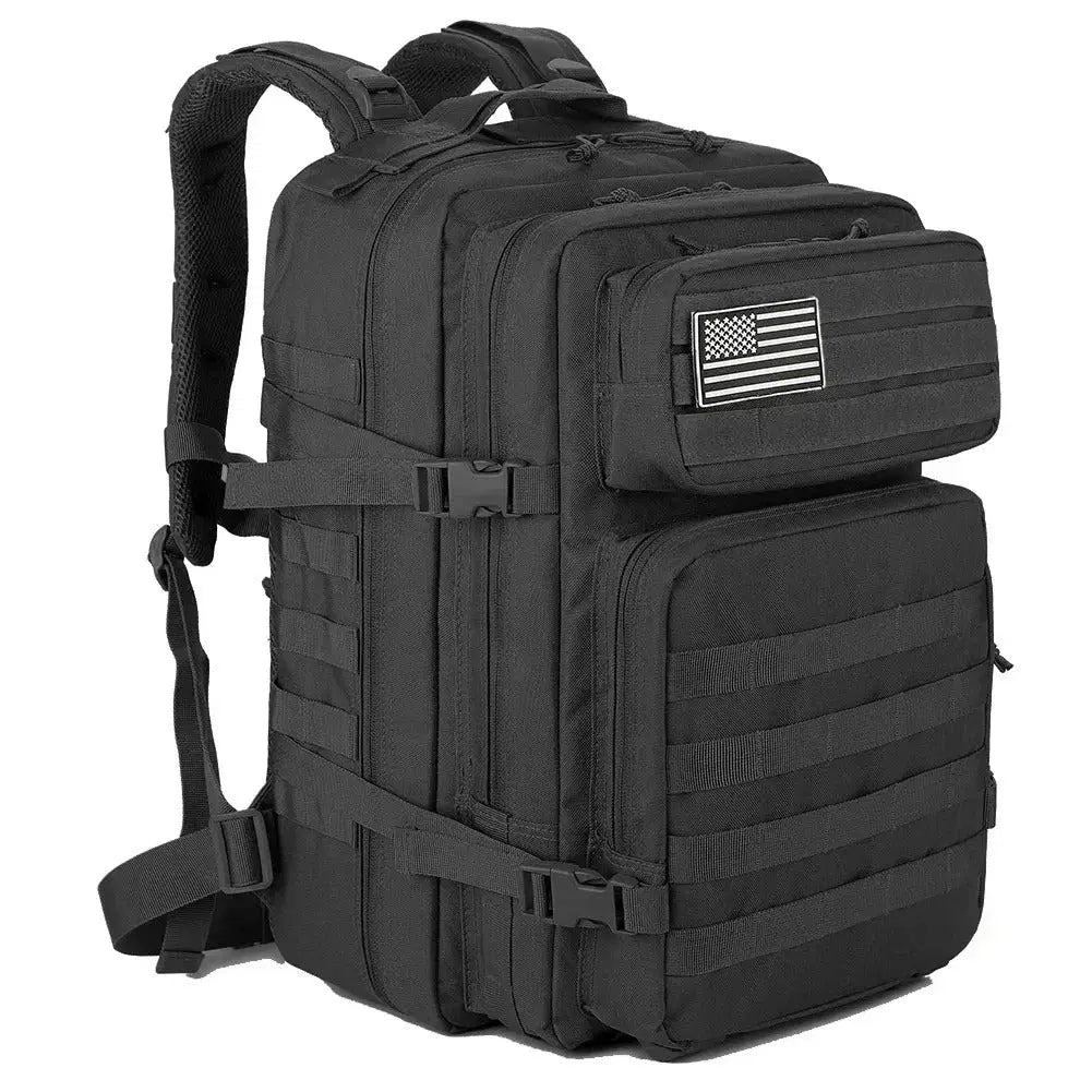 Black 45L military rucksack with multiple pockets and MOLLE webbing for tactical use