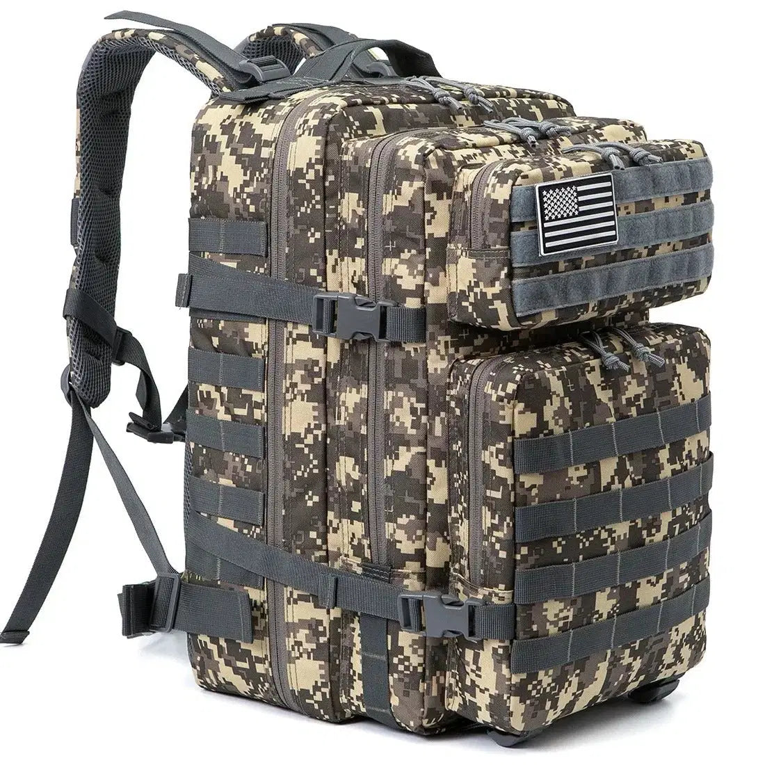 45L military rucksack with multiple compartments and camouflage pattern for tactical use