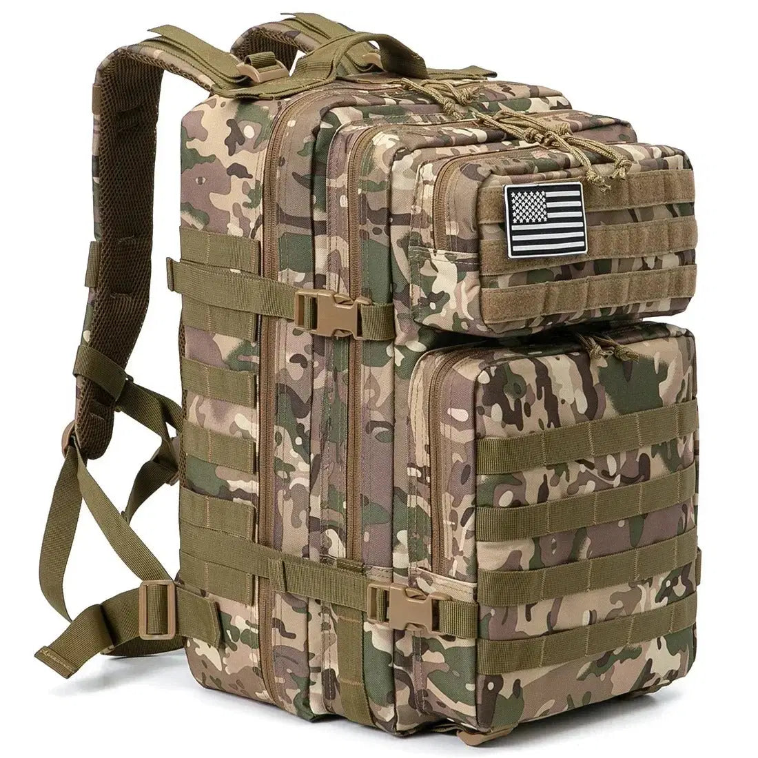 Multicam Tactical 45L military rucksack with adjustable straps and multiple compartments