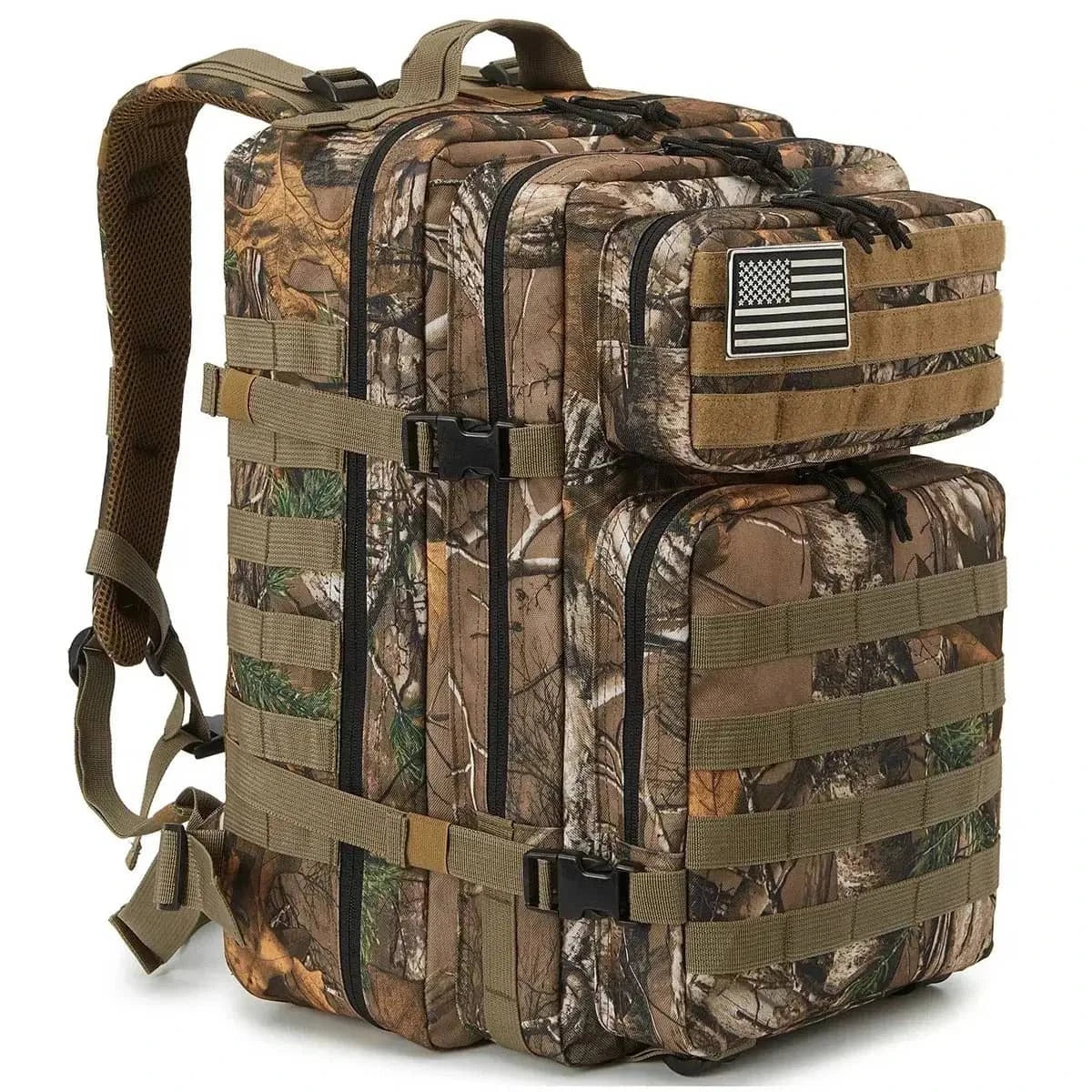 45L military rucksack in camouflage with multiple compartments and adjustable straps for outdoor use