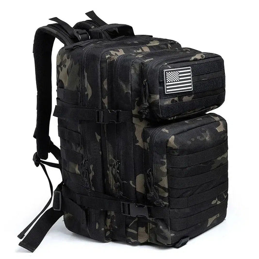 45L military rucksack in camouflage with multiple pockets and adjustable straps for outdoor use