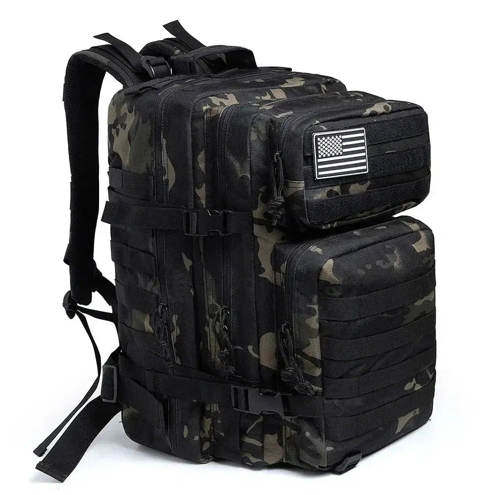 45L military rucksack in camouflage with multiple pockets and adjustable straps for outdoor use