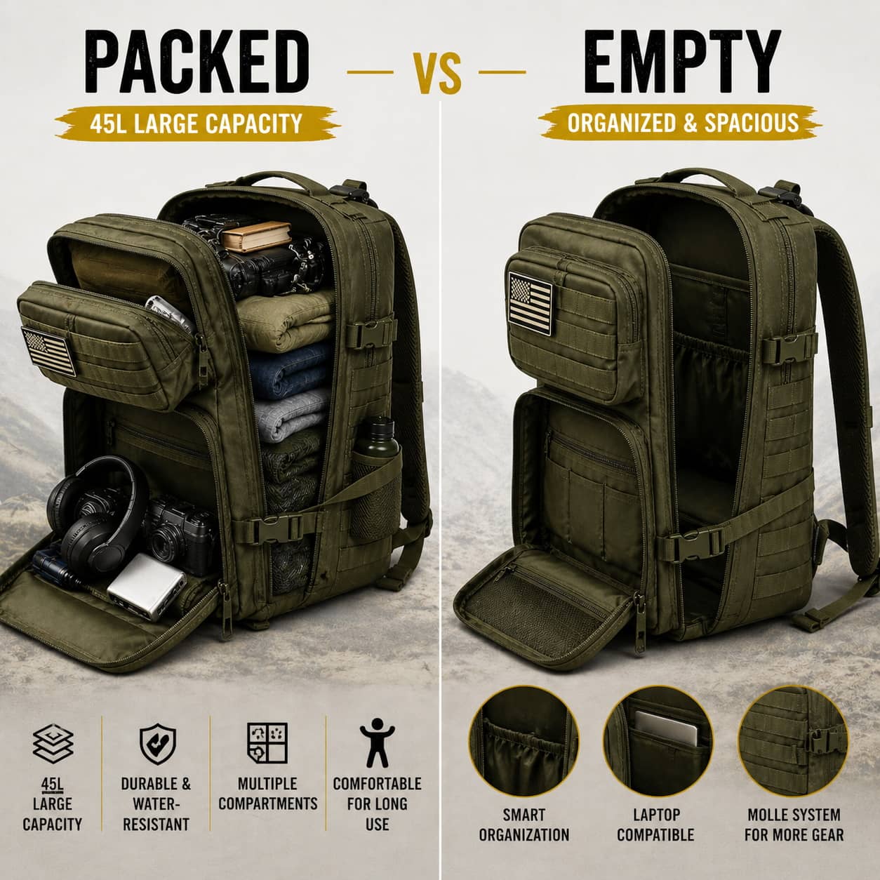 45L military rucksack in green with multiple compartments and water-resistant features