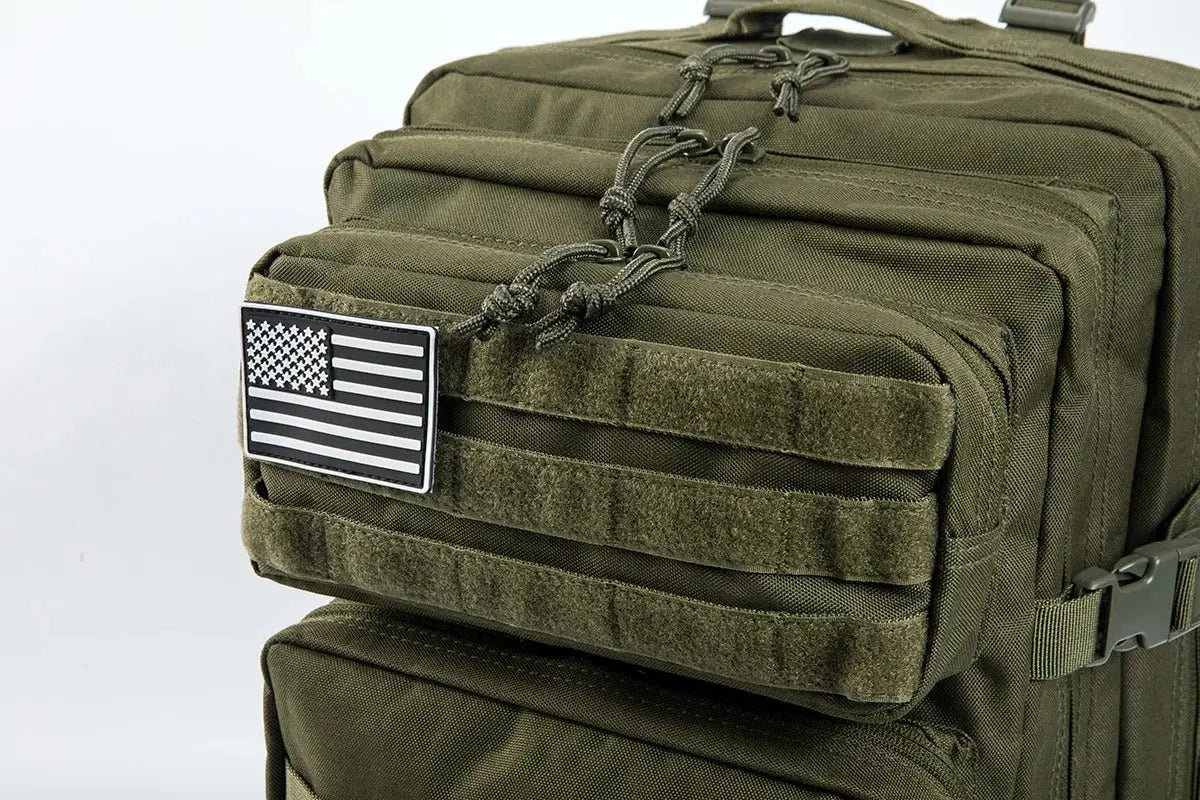 45L military rucksack in olive green with American flag patch and multiple storage compartments