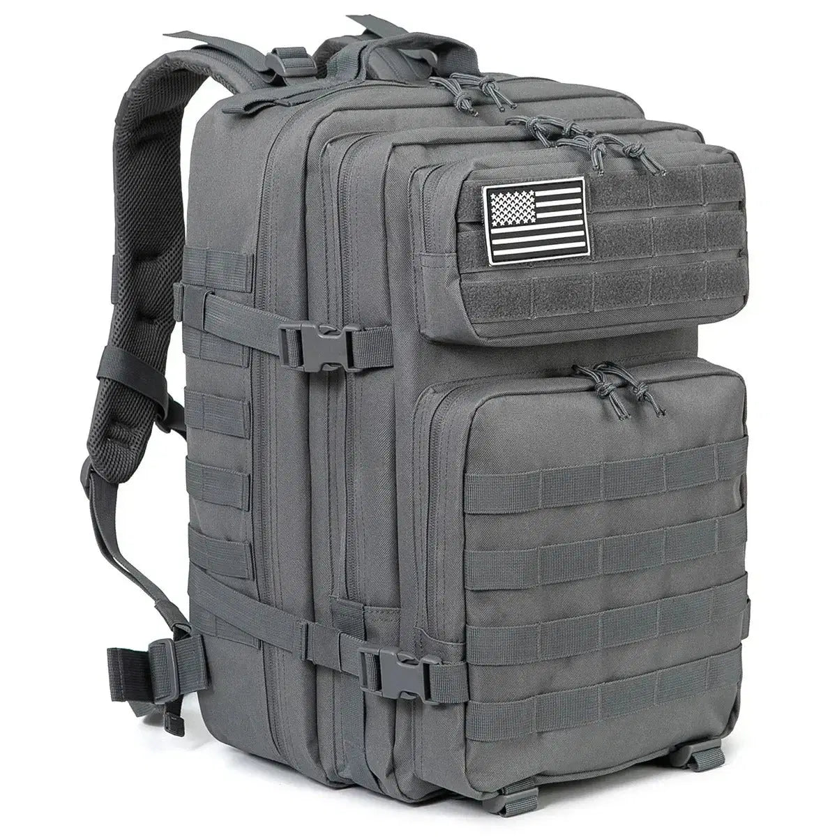 Gray 45L military rucksack with multiple compartments and adjustable straps for outdoor adventures