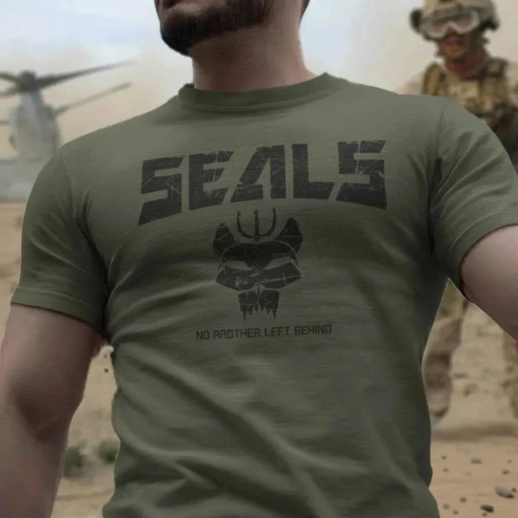 Olive Green SEALS T Shirt featuring a bold graphic, ideal as durable military clothing for outdoor activities