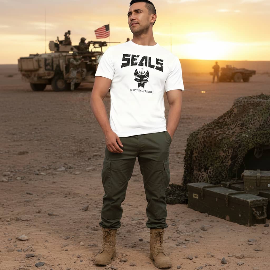 White SEALS Graphic T-Shirt for men, representing durable military clothing for active lifestyle.