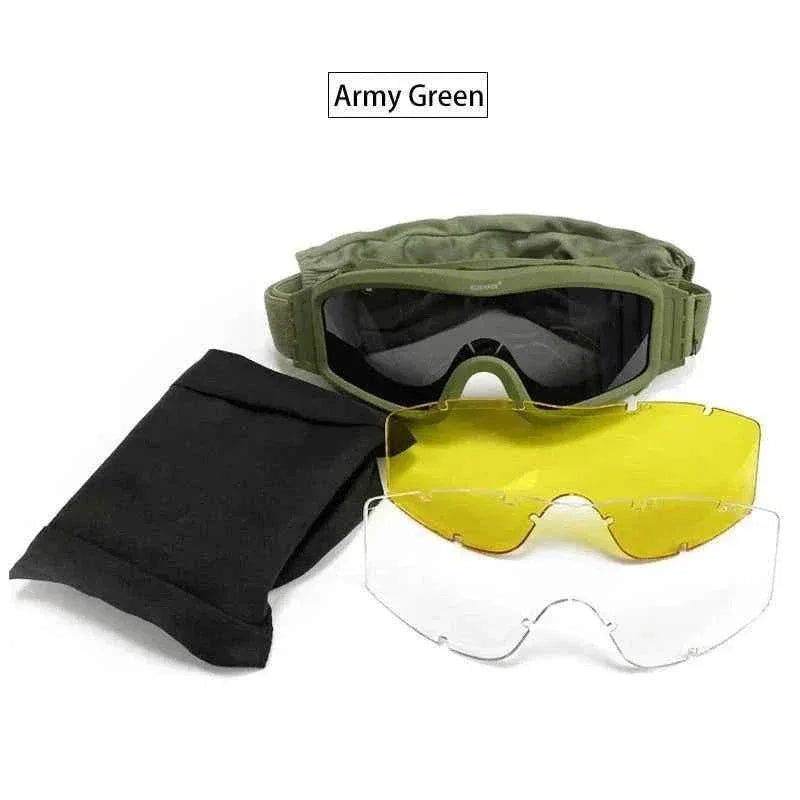 Army Green military shooting sunglasses with interchangeable lenses and protective pouch for outdoor use