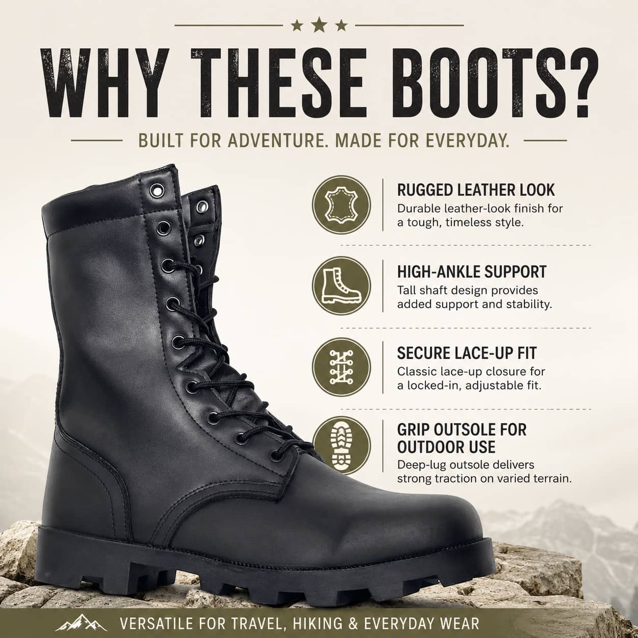 Military-Style Boots in Black with Rugged Leather for Outdoor Adventures