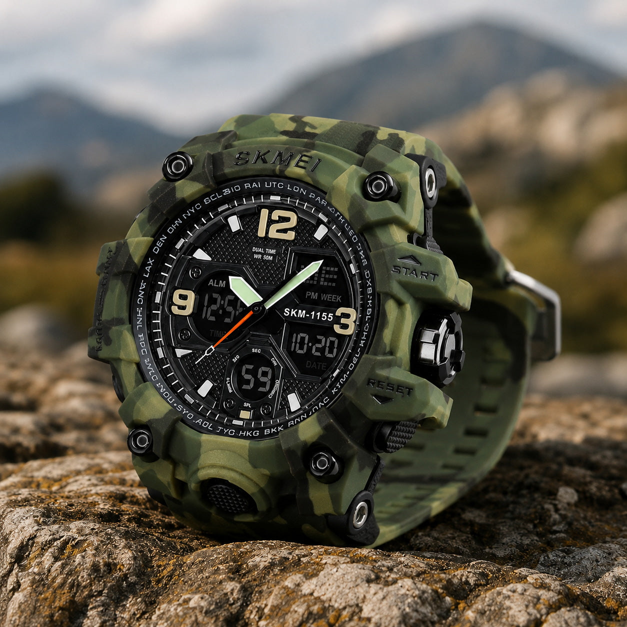 Military-style digital waterproof outdoor watch with round display and durable strap