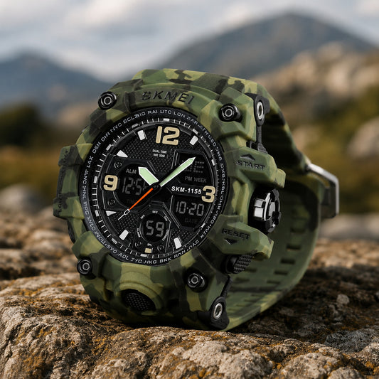 Military-style digital waterproof outdoor watch with round display and durable strap