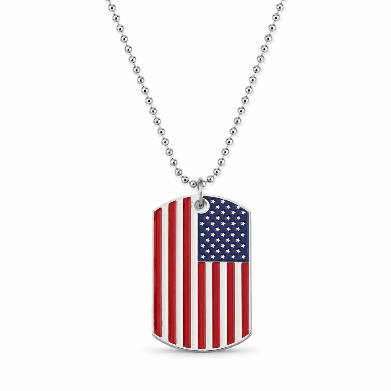 Military-style flag pendant necklace with dog tag design and silver strand chain
