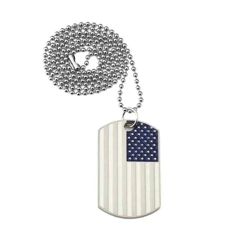Military style flag pendant on a silver ball chain necklace for patriotic expression