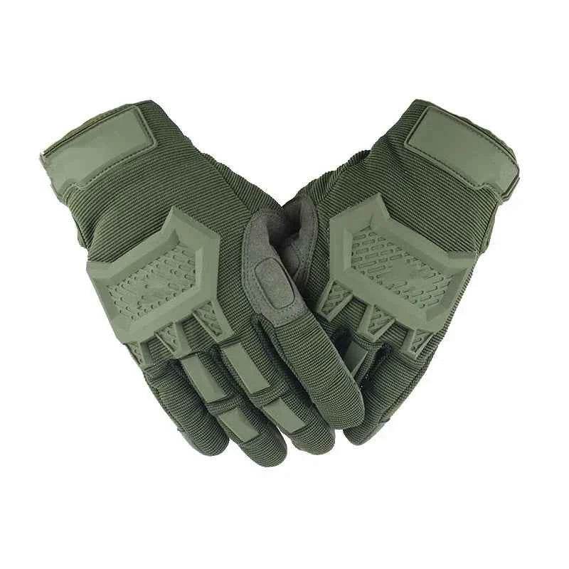 Military-style gloves in green with tactical grip for outdoor activities