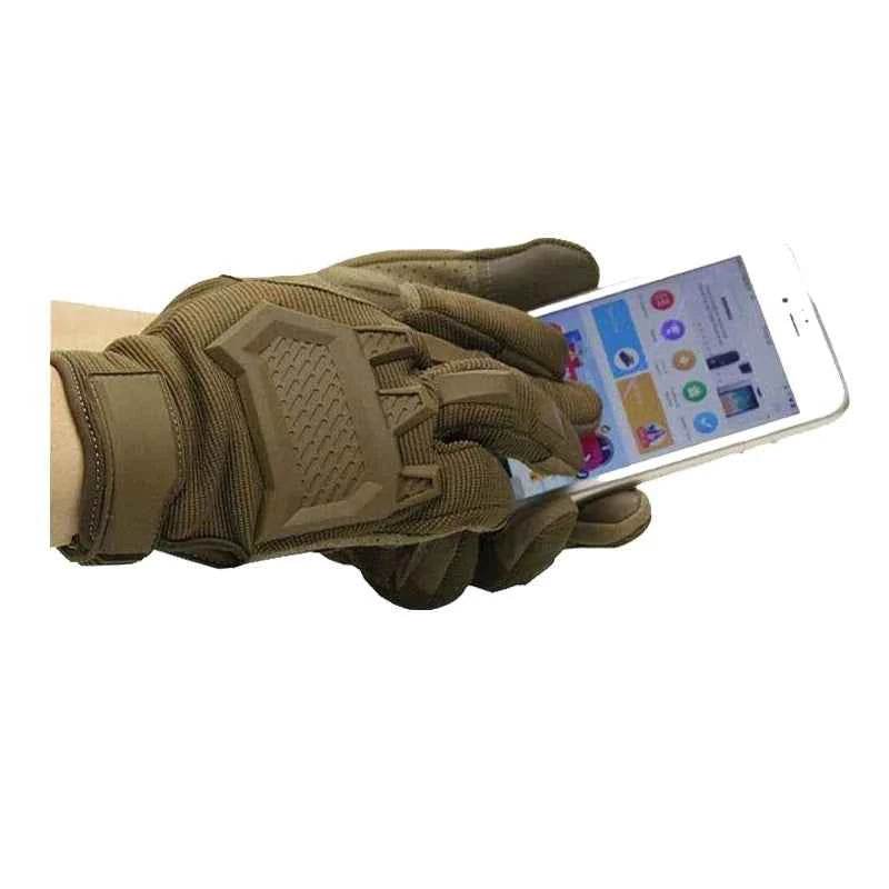 Military-style gloves in tan for touchscreen compatibility and tactical use