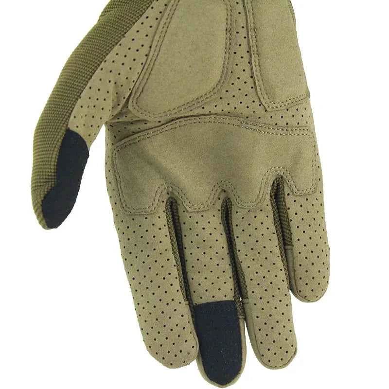 Tan military-style gloves with textured grip for tactical use