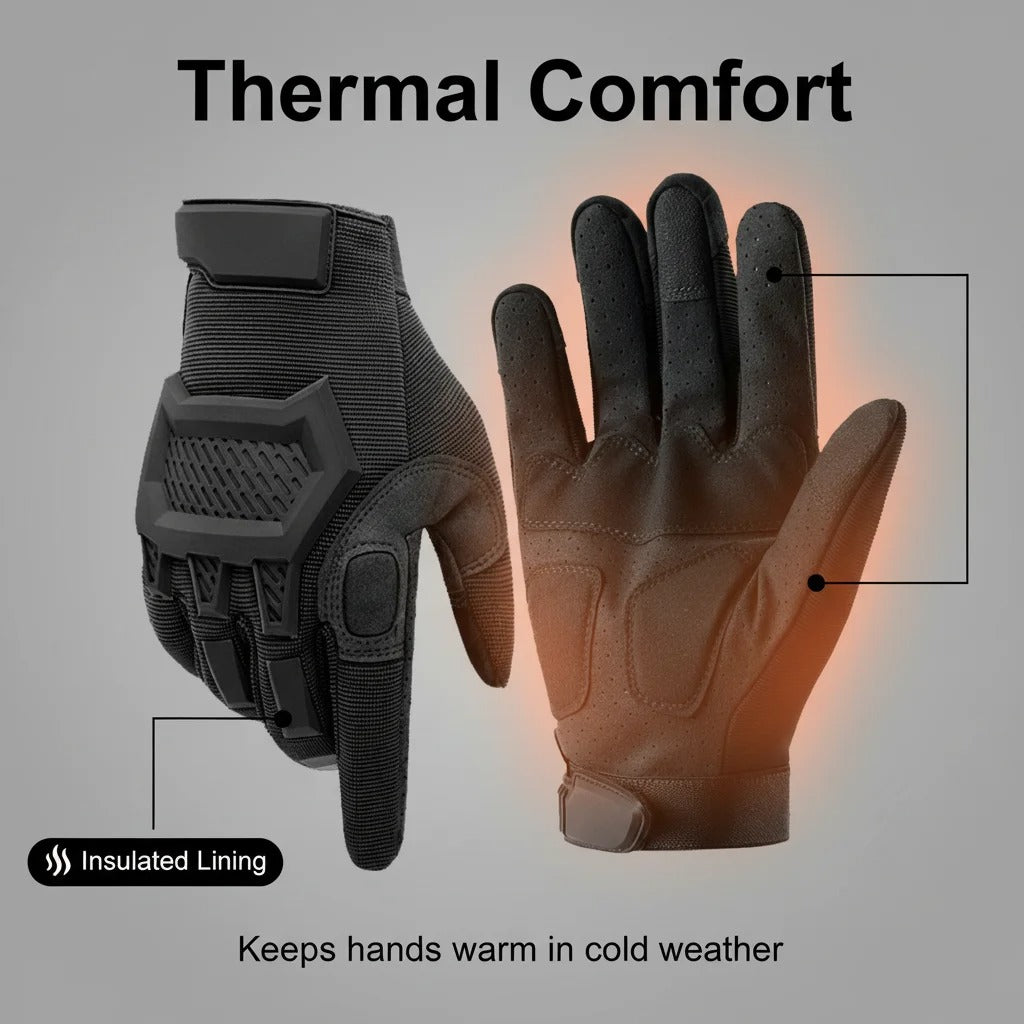 Military-style gloves in black with insulated lining for cold weather use