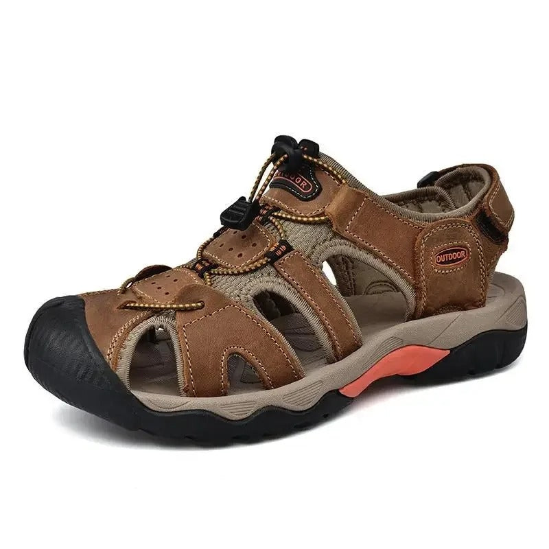 Brown military style sandals with adjustable straps and durable rubber sole for outdoor activities