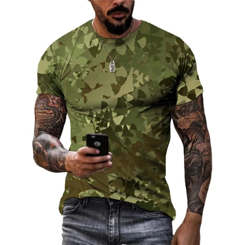 Military Style T-Shirt in Army Green with Camo Pattern for Casual Wear