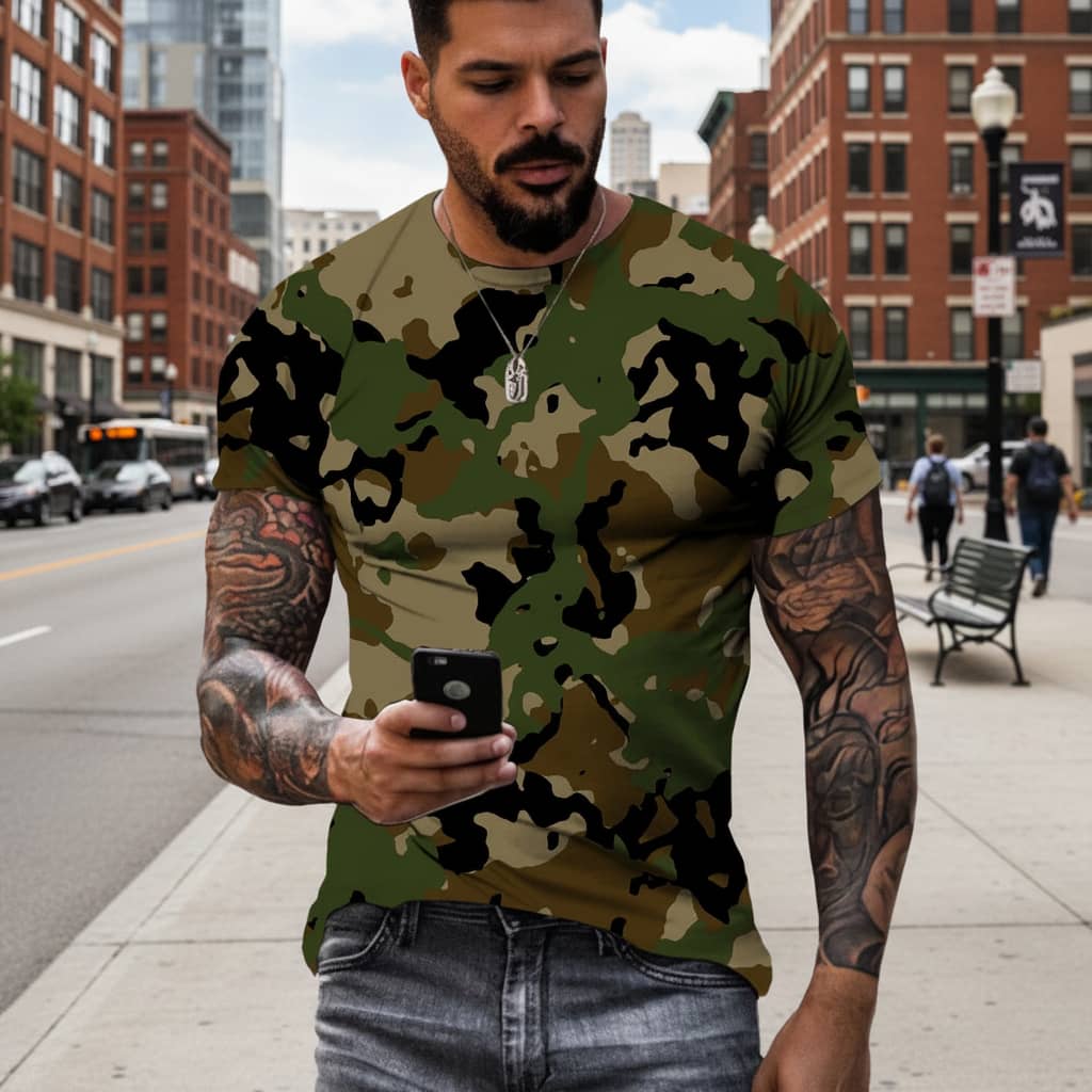 Military T-Shirt in camouflage pattern, perfect for outdoor activities