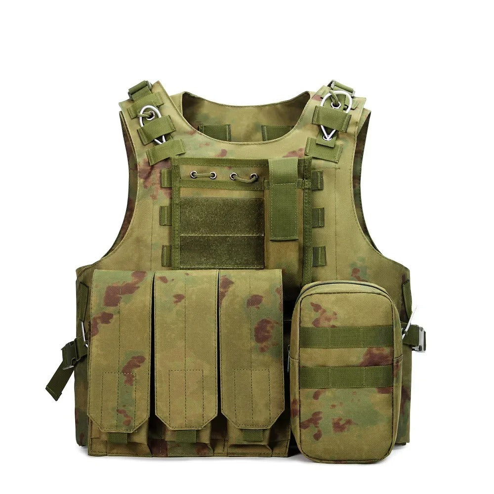 Military tactical vest in camouflage with adjustable straps and multiple pouches for gear storage