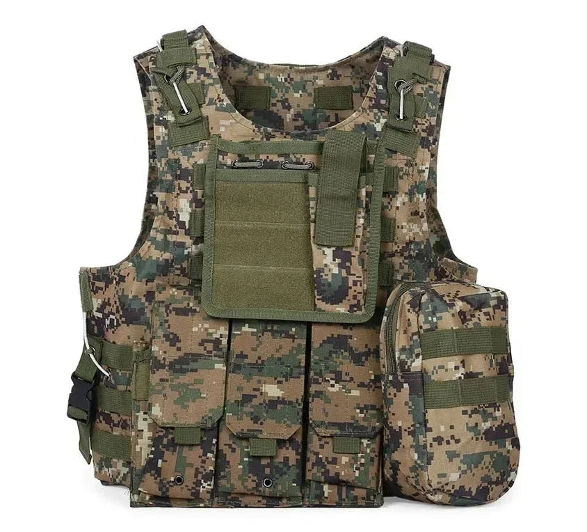 Military tactical vest in camo pattern featuring multiple pockets for gear and accessories