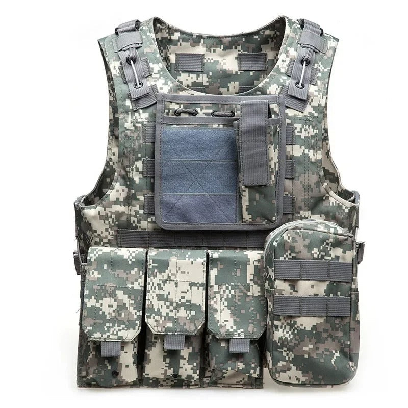 Military tactical vest in camouflage design with multiple pockets and adjustable straps for outdoor use