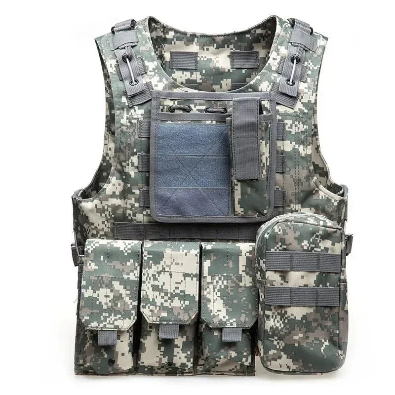 Military tactical vest in camouflage design with multiple pockets and adjustable straps for outdoor use