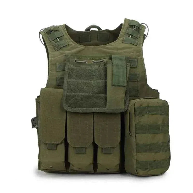 Green military tactical vest with multiple pockets and attachment points for gear and accessories - Military-Outdoors.com
