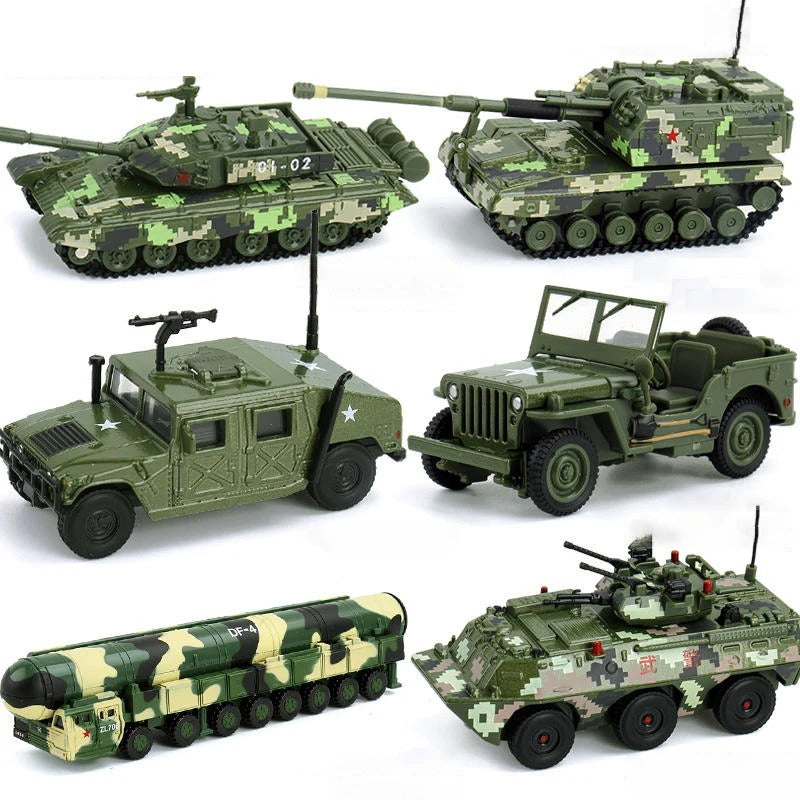 Six detailed military vehicle models including tanks and trucks in camo design for collectors