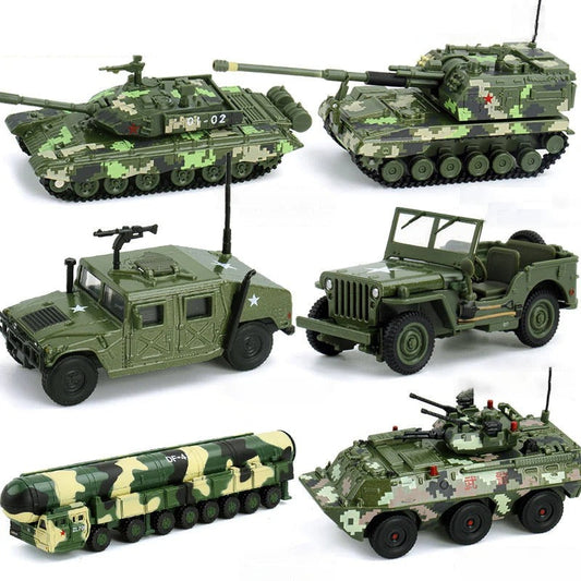 Six detailed military vehicle models including tanks and trucks in camo design for collectors