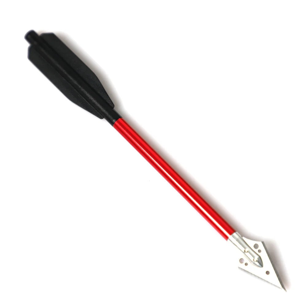 A single red and black bowfishing arrow with a black rubber fletching and a silver metal barbed point, shown diagonally on a white background.