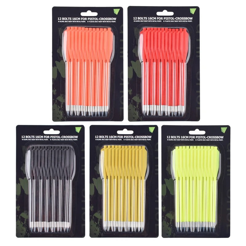 Mini crossbow bolts in red, yellow, black, and orange for pistol crossbow use