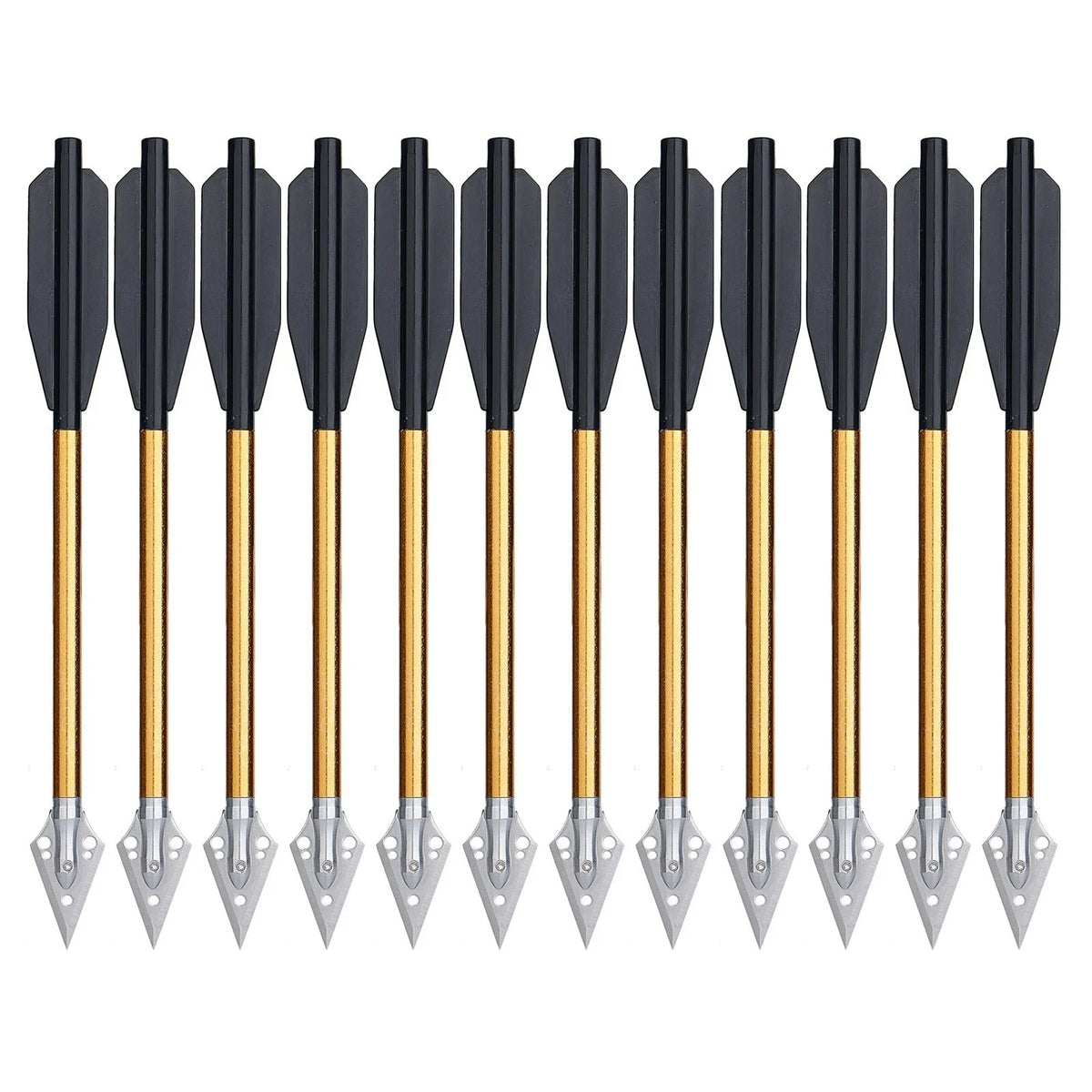 Mini crossbow bolts set with black fletching and steel tips for precision shooting