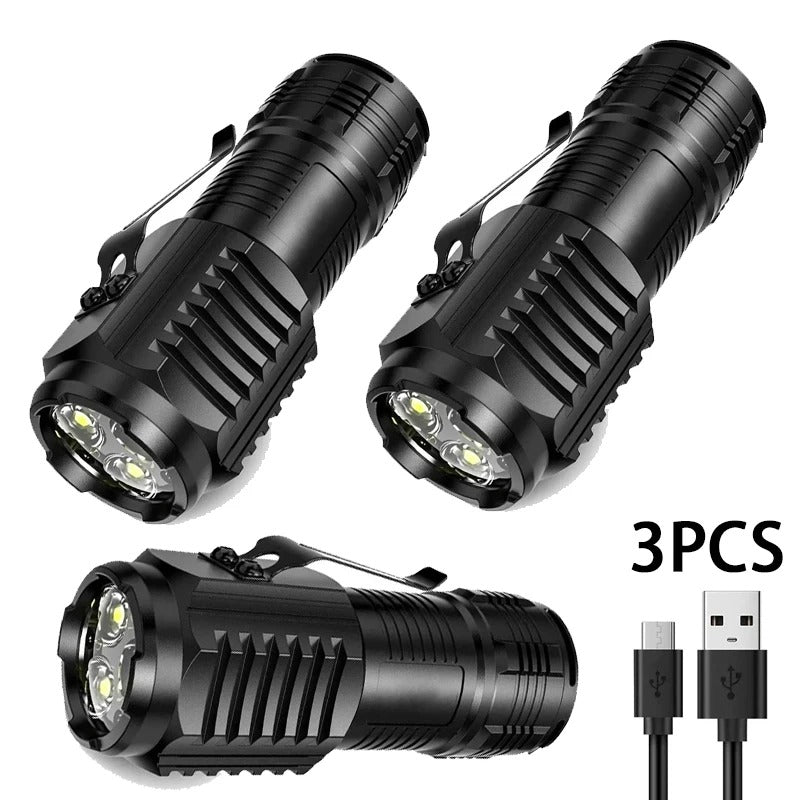 Black mini flashlight set of 3 with USB charging for outdoor use