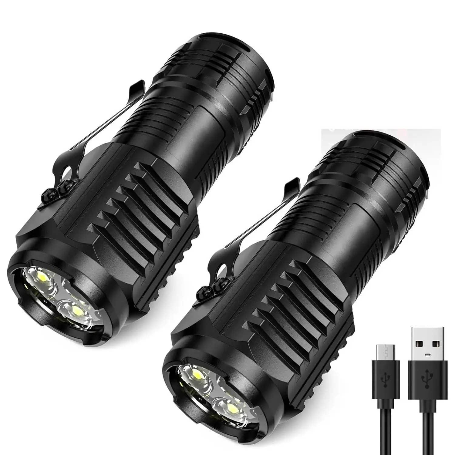 2-pack mini flashlight in black with USB charging for outdoor use