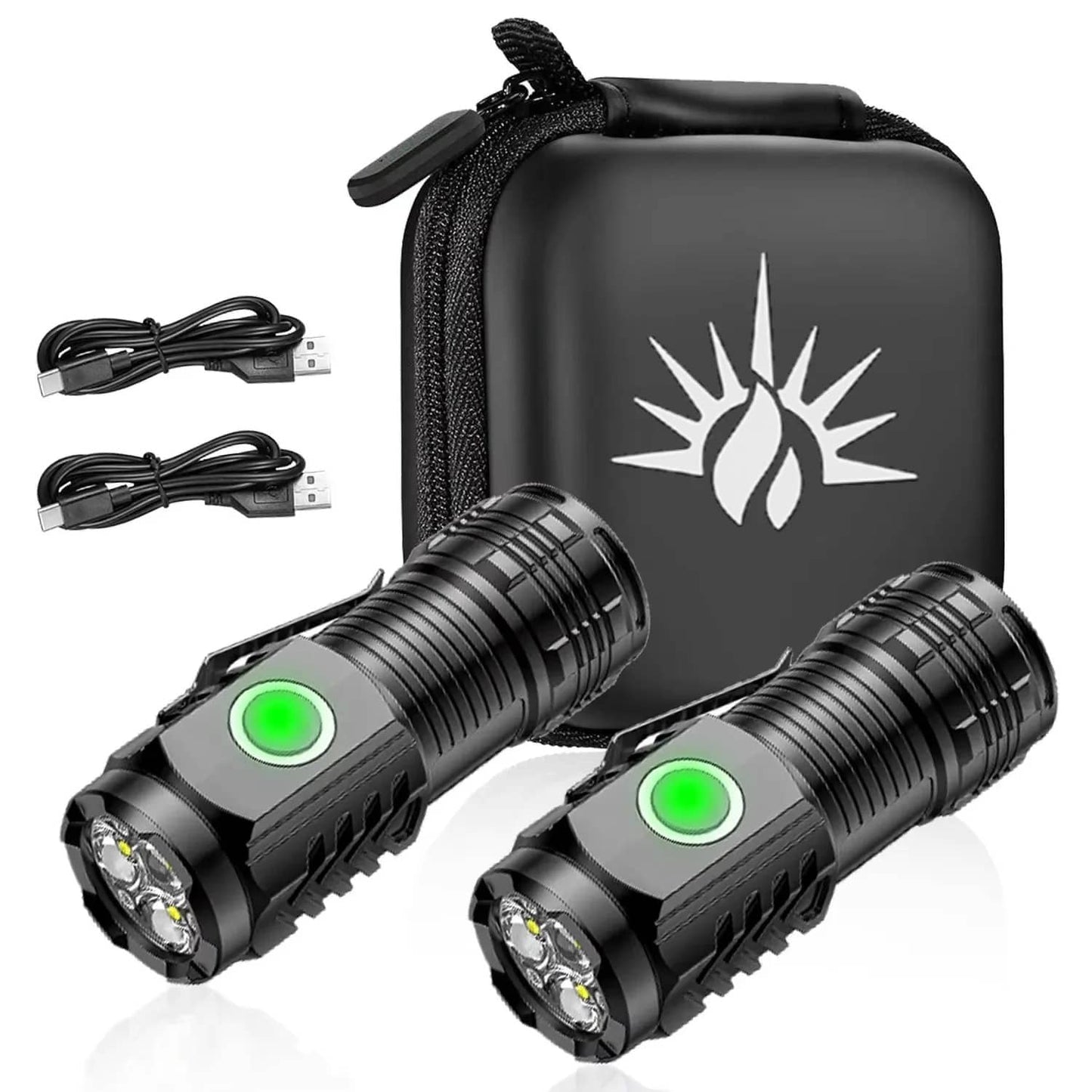 Two black mini flashlights with charging cables and protective case