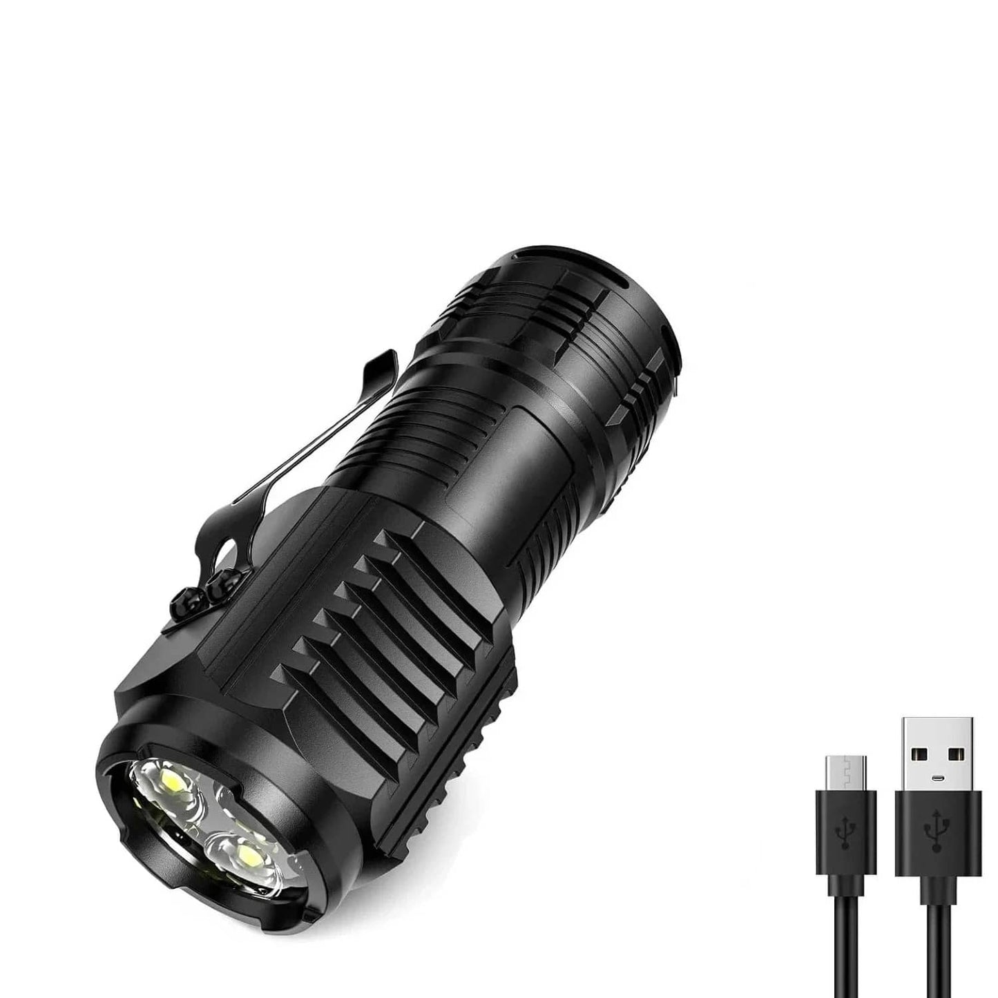Black mini flashlight with USB charging and compact design for outdoor use