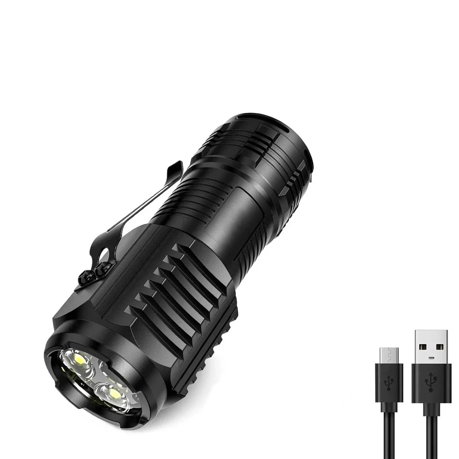 Black mini flashlight with USB charging and compact design for outdoor use