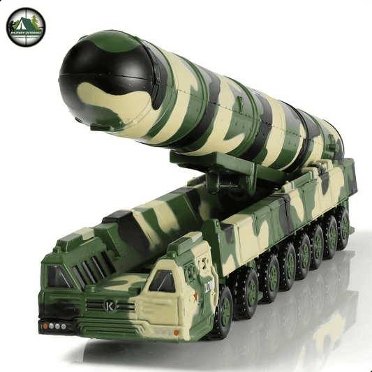 Detailed missile launcher truck model in camouflage design with missile mounted on top