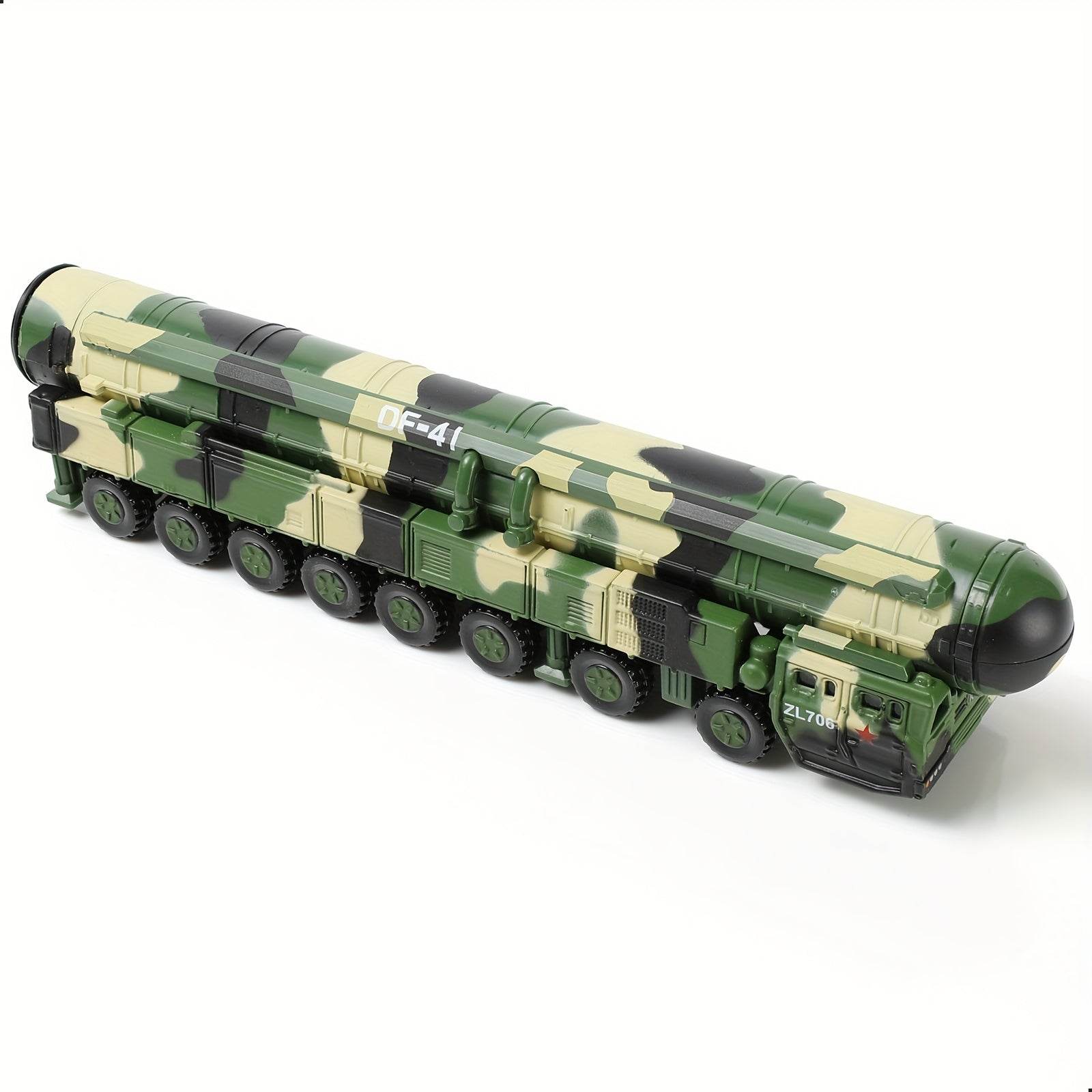 Detailed missile transport truck model in green camouflage with realistic features for collectors
