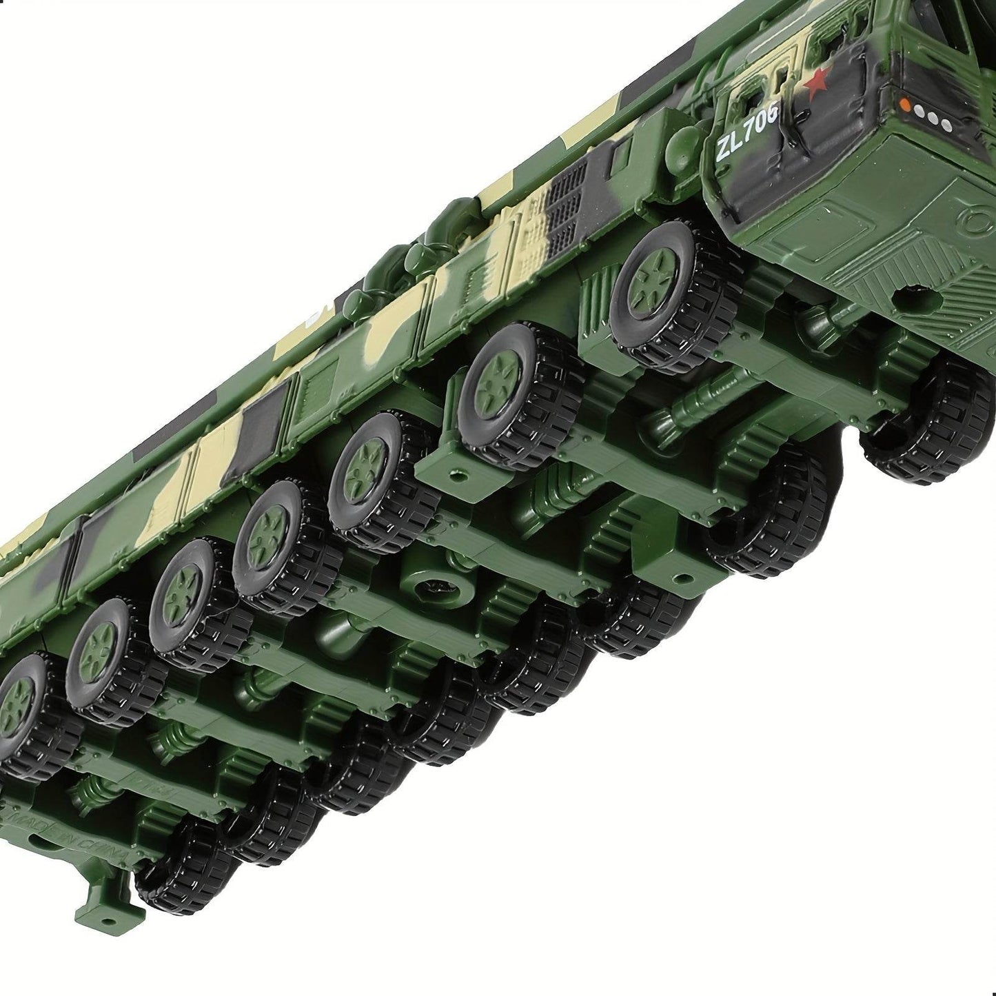 Detailed missile transport truck model with realistic wheels and camouflage pattern for collectors