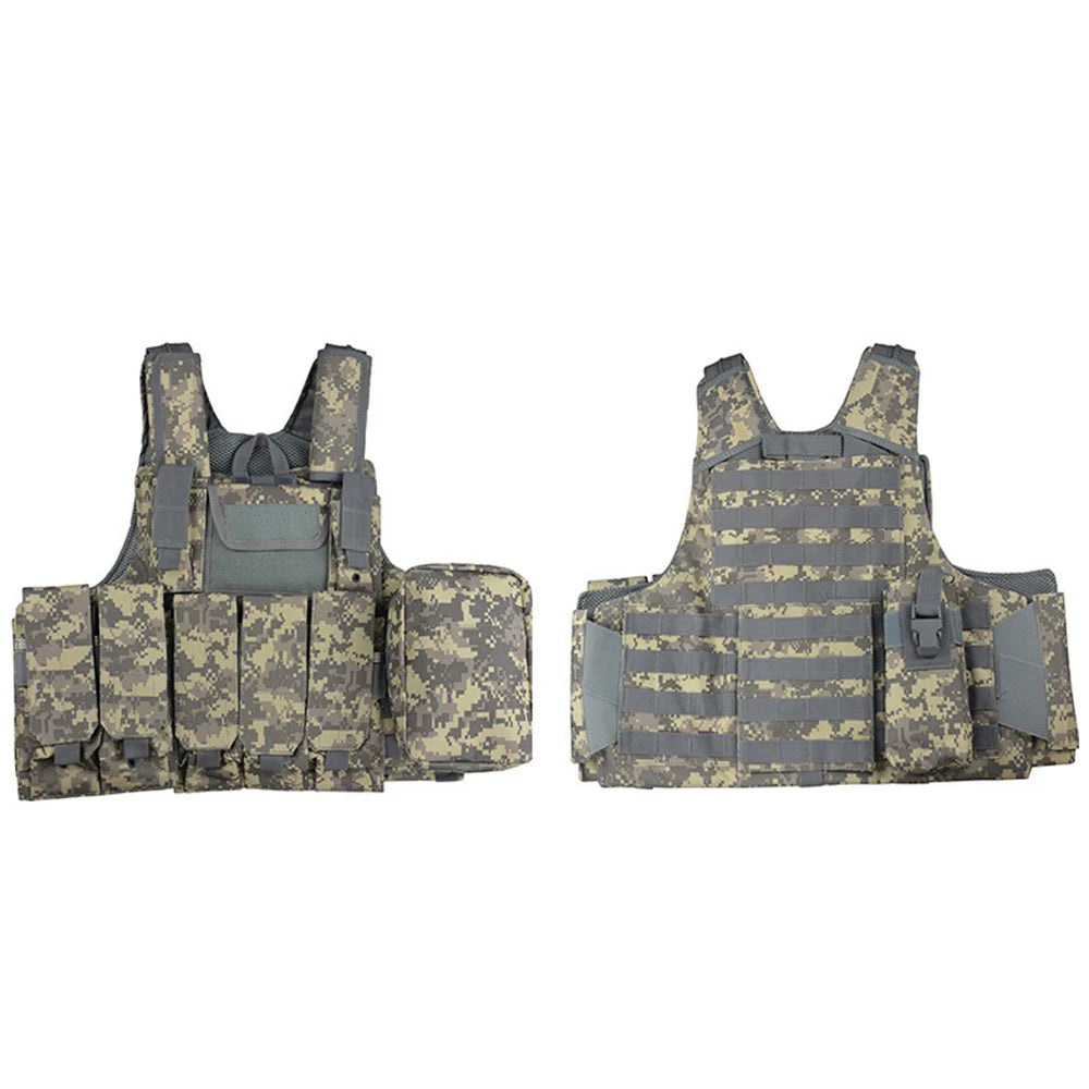 MOLLE extended vest in camouflage with multiple pockets and tactical attachments for military use