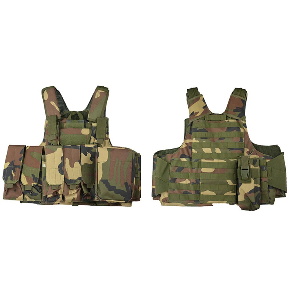 MOLLE extended vest in camo pattern featuring multiple pockets for tactical gear