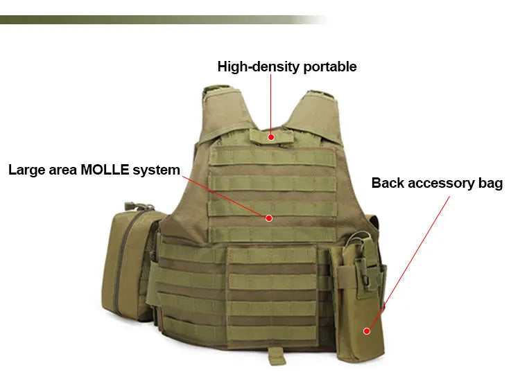 MOLLE extended vest in olive green with a large area MOLLE system and back accessory bag