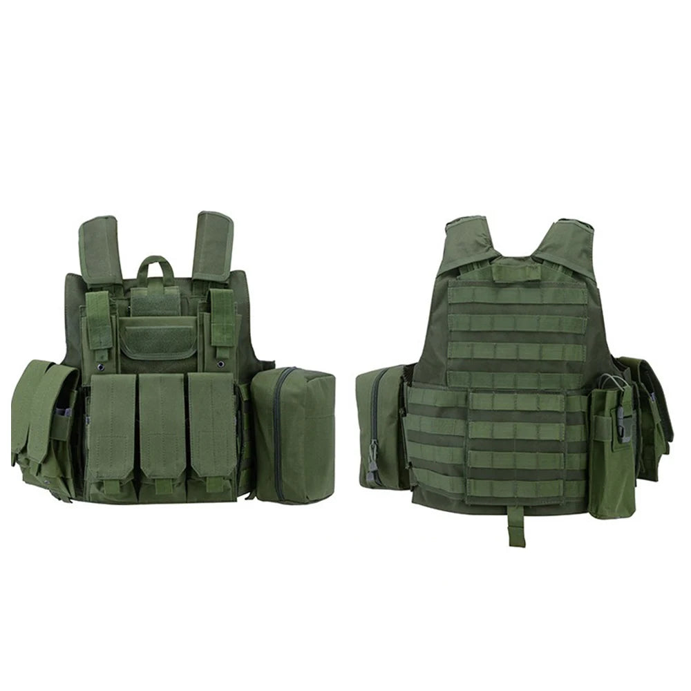 MOLLE extended vest in green with multiple pouches and adjustable straps for tactical outdoor use