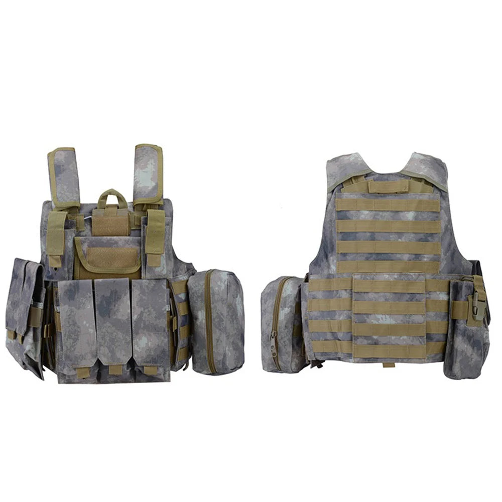 MOLLE extended vest in camouflage design with multiple pouches and adjustable straps for tactical use