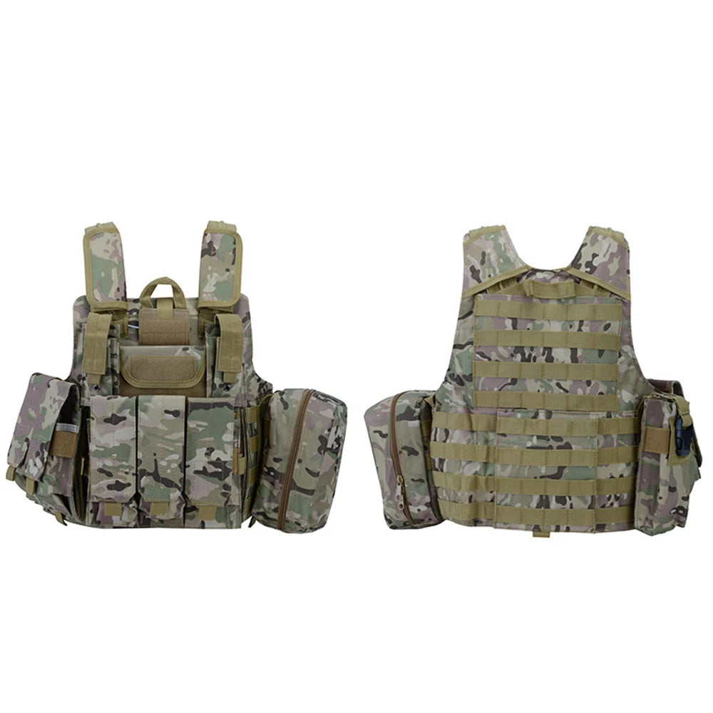 MOLLE extended vest in camouflage with multiple pouches and adjustable straps for tactical use