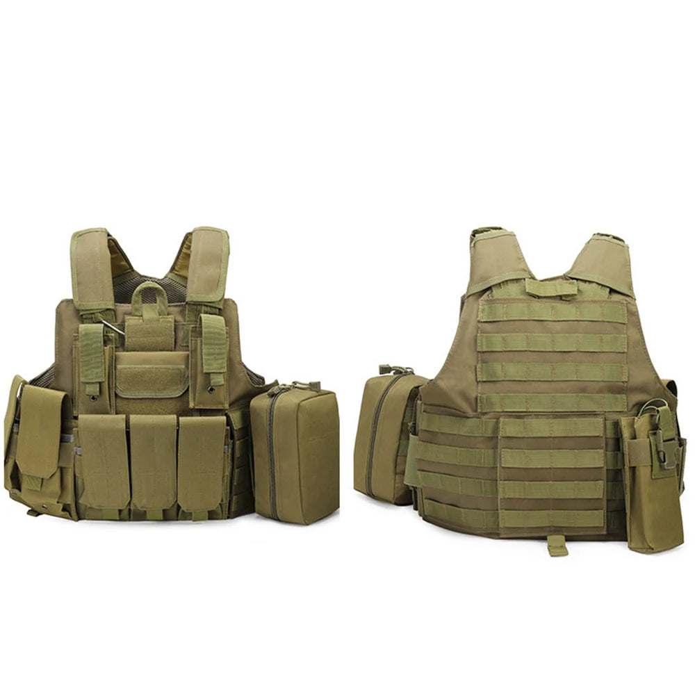 MOLLE extended vest in olive green with multiple pockets for tactical use and gear customization