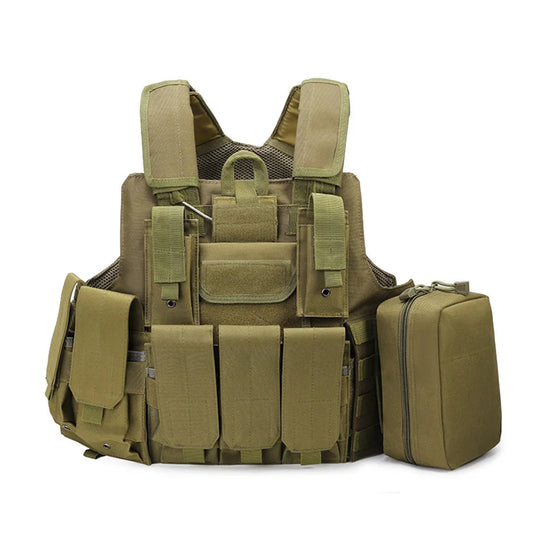 MOLLE extended vest in green with multiple pockets for tactical gear and outdoor activities
